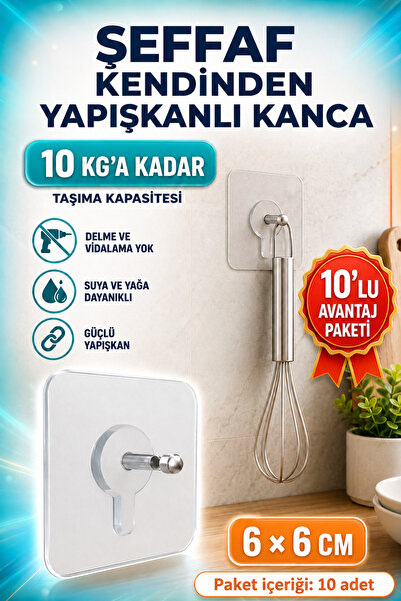 Uzay Shop 10’lu Şeffaf Kendinden Yapışkanlı Kanca Delmesiz Duvar Askısı Raf T...