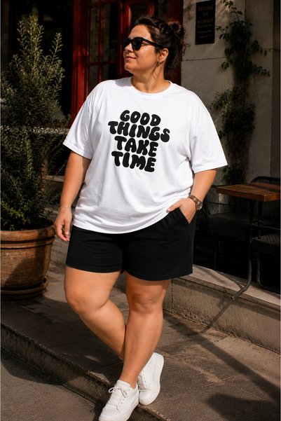 Rubonia Plus Size Women Men Oversize Shorts Set Good Things Take Time Printed Cotton 2-Piece Summer Casual Unisex Tracksuit XL 2XL 3XL 4XL 5XL 6XL 7XL 8XL
