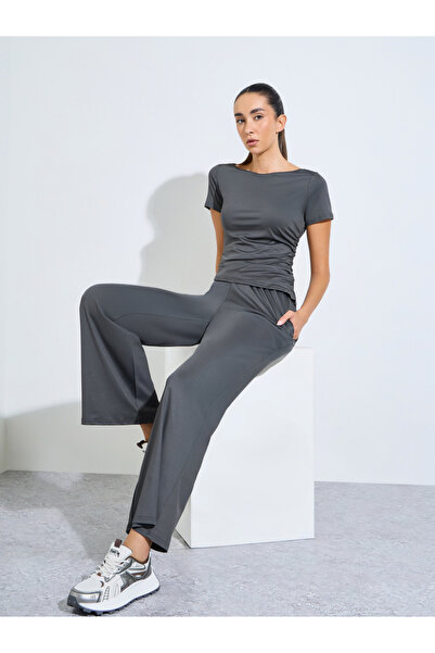 Styli Charcoal Asymmetric Side Ruche Ss Top And Straight Pants Set