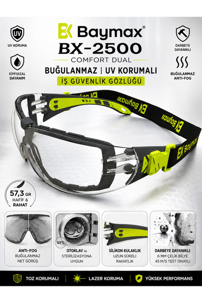 Baymax BX-2500 Comfort Dual Buğulanmaz İpli İş Güvenlik Gözlüğü UV Lazer Koru...
