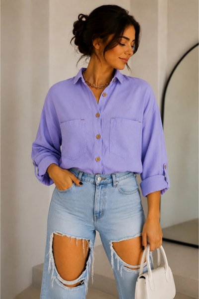 MetuCA Cămașă supradimensionată Pinterest, din bumbac și in, liliac, cu buzunare duble și nasturi din lemn, pentru femei