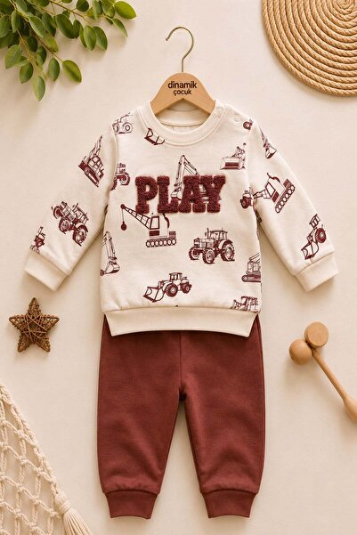 dinamik çocuk Baby Boy Play Embroidered Work Machine Patterned 2-Piece Tracks...
