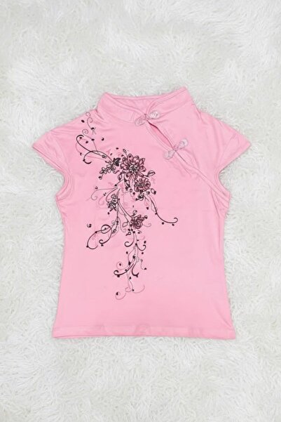 BALİNA Pembe Mandarin Yaka Çiçekli Qipao Vintage Y2K Kısa Kollu Crop
