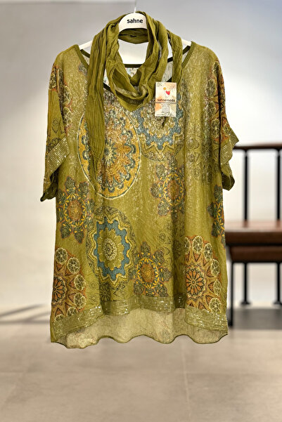 sahnemoda Mandala Desen Kısa Kol Şallı İthal Bluz