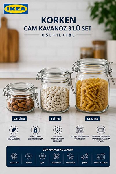IKEA Korken 0.5 Lt, 1 Lt and 1.8 Lt Glass Jar Set Aldenizshop