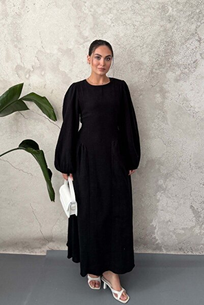 Elbee Fashion Woman فستان أسود بأكمام طويلة وتنورة مزمومة