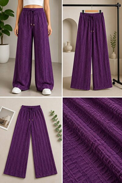 BoraVelli Embossed Textured Wide-Leg Women's Trousers with Elastic Waist