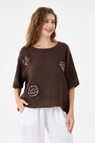 della moor Brown Italian 100% Linen Stone Oversize Linen Blouse Size 38 - 42