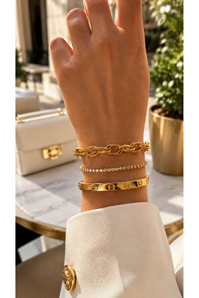 Adata Jewelry Çelik 3 lü Altın Kaplama Zirkon Taşlı Kadın Kombin Bileklik Seti