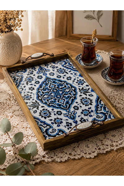 ANKAMOR El Yapımı Kütahya Çini Desenli Ahşap Tepsi, Mavi Beyaz Dekoratif Çay ...