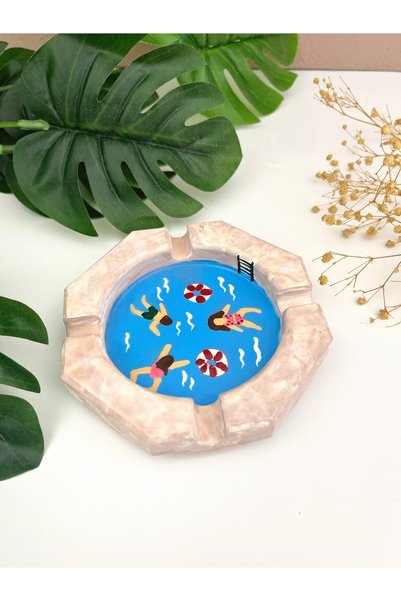 Ca.Gi Hand Painted Pool-Themed Liquid Glass Coated Decorative Ash Tray / Ashtray