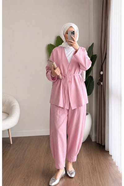 RFK Butik Kadın Bel Bağlamalı Şalvar Kesim Pantolonlu Kimono Takım - Pembe