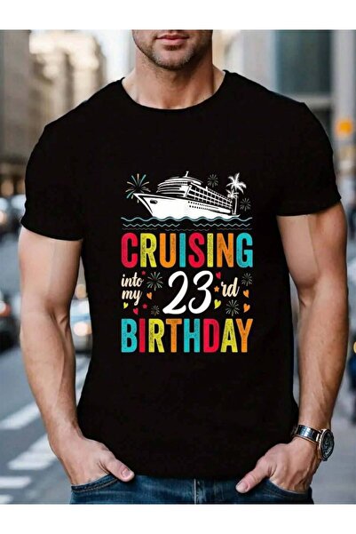4CR تي شيرت رجالي أسود 100% قطن بتصميم '23rd Cruise' لعيد ميلاد 23 عامًا، منا...