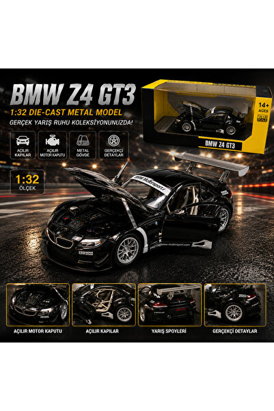 Cici Oyuncak BMW Z4 GT3 1:32 Diecast Model Araba Siyah Kapıları ve Motor Kapu...