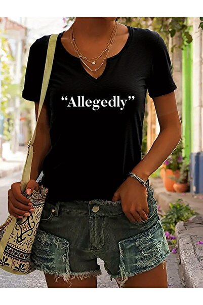 Deocept Women's Allegedly Printed Half V-Neck Sleeves Regular Fit Casual T-Shirt