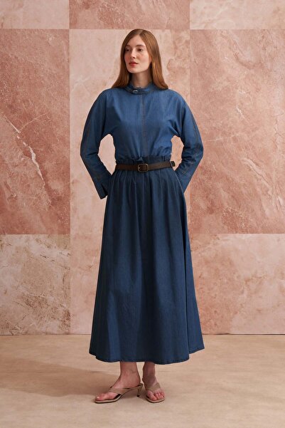 ALLDAY Koyu Mavi-Beli Pile Detaylı Denim Etek