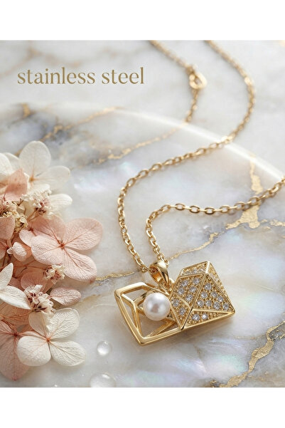 stainless steell سلسلة من الفولاذ 316L باللون الذهبي مع حجر الزركون وقلادة مر...