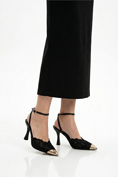 Papuckurdu Black Mesh Ankle Strap Metal Gold Pointed Toe Women's Heeled Eveni...