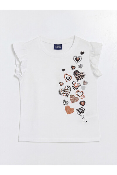 LC Waikiki Trendlucky Girl's T-Shirt with Oval Collar and Heart Print