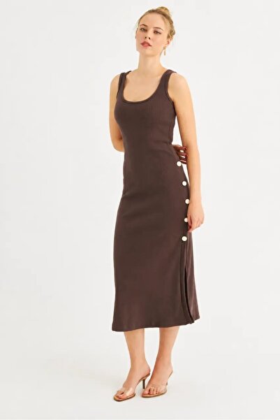 Cool & Sexy Women's Brown Button Detailed Camisole Midi Dress