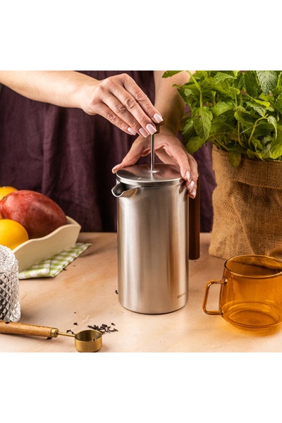 Kinghoff Cafetieră French Press, 1L, pereți dubli, mâner din lemn