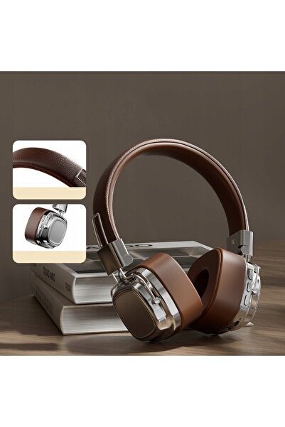 NO BRAND Căști wireless M4 elegante din piele, Bluetooth 5.3, over-ear, maro