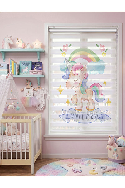 AD Home ADHOME Gökkuşağı ve Sevimli Unicorn Dijital Baskılı Kız Çocuk Odası Z...