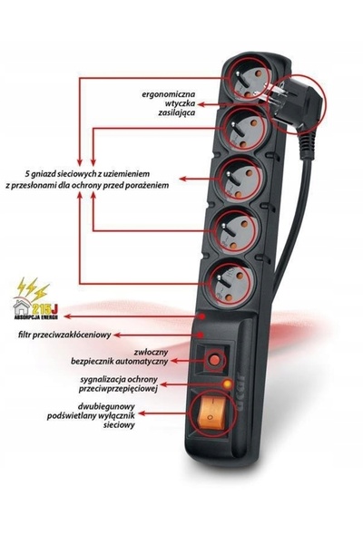 NO BRAND Prelungitor cu protecție la supratensiune Acar, 5 prize, 1,5m