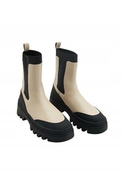 NO BRAND Botine clasice din piele, bej-negru, tip slip-on, cu talpă plată, mă...