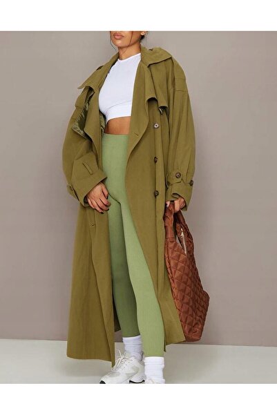 NO BRAND Prettylittlething Palton lung clasic cu glugă kaki 42