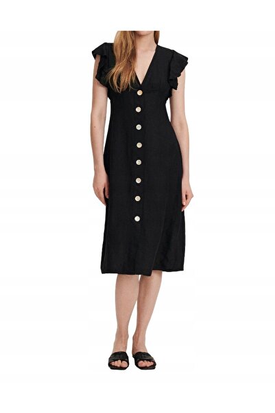 NO BRAND Rochie midi trapez neagră cu nasturi, din in, Classic Reserve S