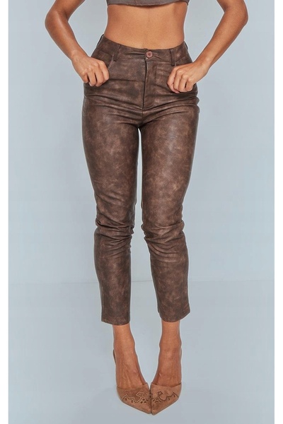 NO BRAND Pantaloni skinny maro din piele ecologică, cu talie înaltă, PrettyLi...