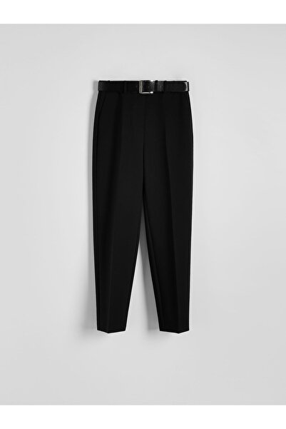 NO BRAND Pantaloni negri clasici simpli cu tiv striat, 7/8, cu curea, XXL
