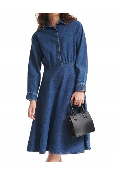 NO BRAND Rochie din denim clasică, albastru marin, din bumbac, cu mânecă lung...