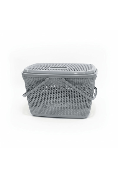 Polytime Plastic Picnic Basket with Lid & Handles - 30 × 45 × 35 cm - Grey