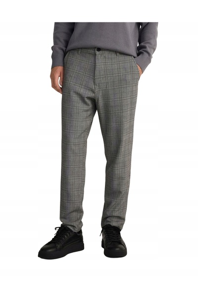 NO BRAND Pantaloni gri din țesătură chino cu buzunare, model în carouri, Rese...