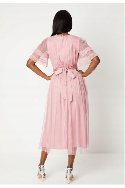 NO BRAND Coast 46 Rochie midi roz prăfuit, cu mânecă scurtă, cu plasă cu defe...