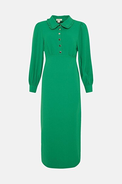 NO BRAND Rochie midi verde cu mâneci lungi, guler cu nasturi, netedă, Oasis 36