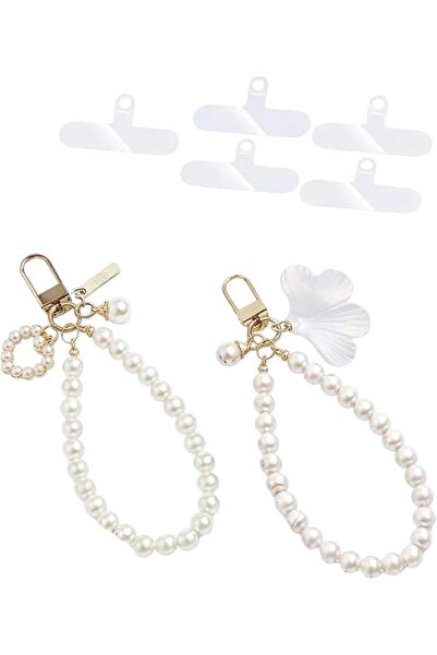 Generic Pearl Phone Lanyard, White Glass Bead Phone Charm with Adjustable Wri...