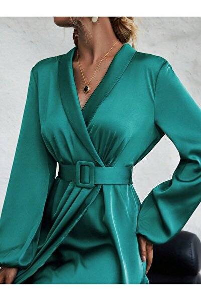 NO BRAND Rochie de cocktail verde din satin, cu mânecă lungă, cu curea, Shein 36