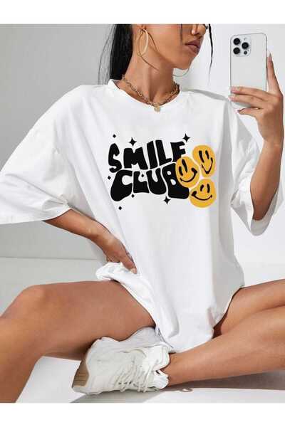 ZAVIXO Women's Smile Club Printed Oversize 100% Cotton Short Sleeve Casual Ba...