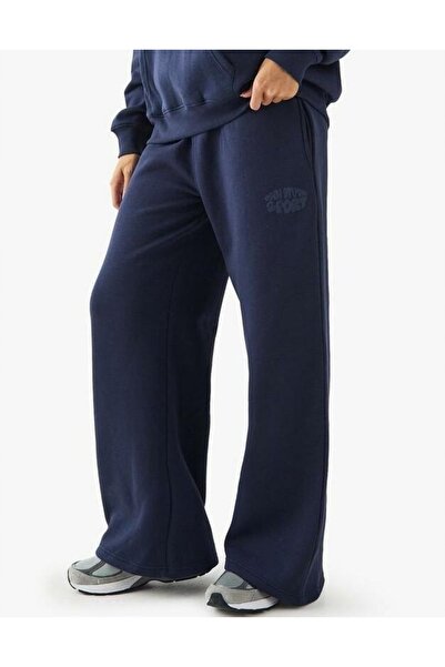 NO BRAND Pantaloni de trening netezi, bleumarin, cu picior larg și talie elas...
