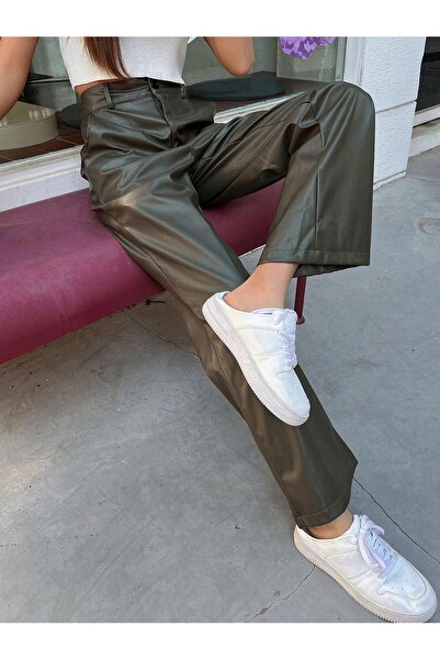 NO BRAND Pantaloni largi kaki din piele ecologică, cu talie înaltă, picior lu...