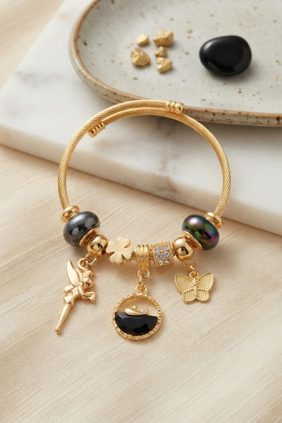 deluxe takı ve giyim Fish and Tinker Bell Model Black Charm Bracelet