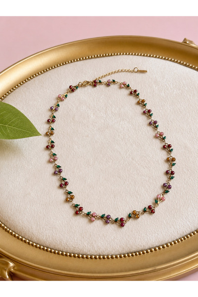 FLAWSOME JEWELRY STORE Kirazlı Renkli Taşlı Çelik Kolye Kararmaz