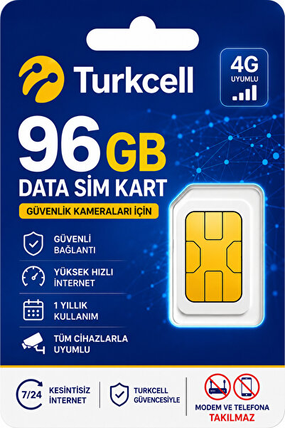 MEYTECH 4G 96GB Turkcell Her Ay 8 gb Sim Kartı 1 Yıllık Tek Ödeme Data m2m Ha...