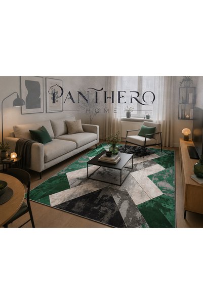 Panthero Home Yeşil Siyah Modern Geometrik Desenli Kaymaz Taban Süngerli Yıka...