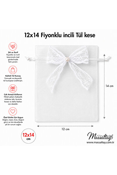 Massaltay 15 Adet Organze Tül Kese 12x14 cm Şeker Pembesi Fiyonklu İncili Nik...