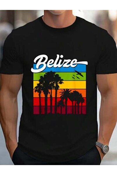 01THEONE 100% Cotton Rainbow Belize Souvenir T-Shirt Palm Trees Tropical Vaca...