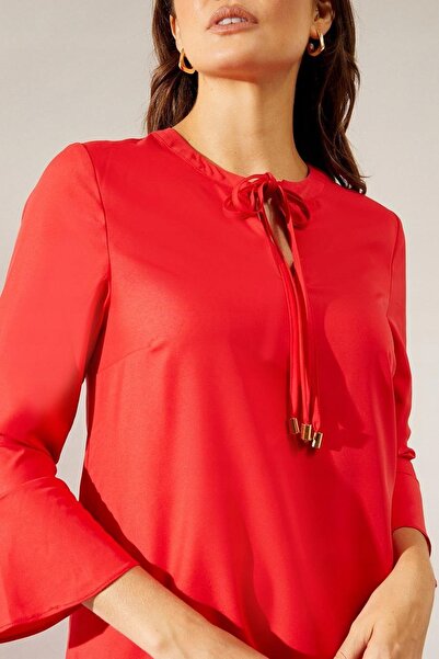 NO BRAND Rochie mini roșie, mâneci 3/4, uni, simplă, cu legătură, Wallis 42